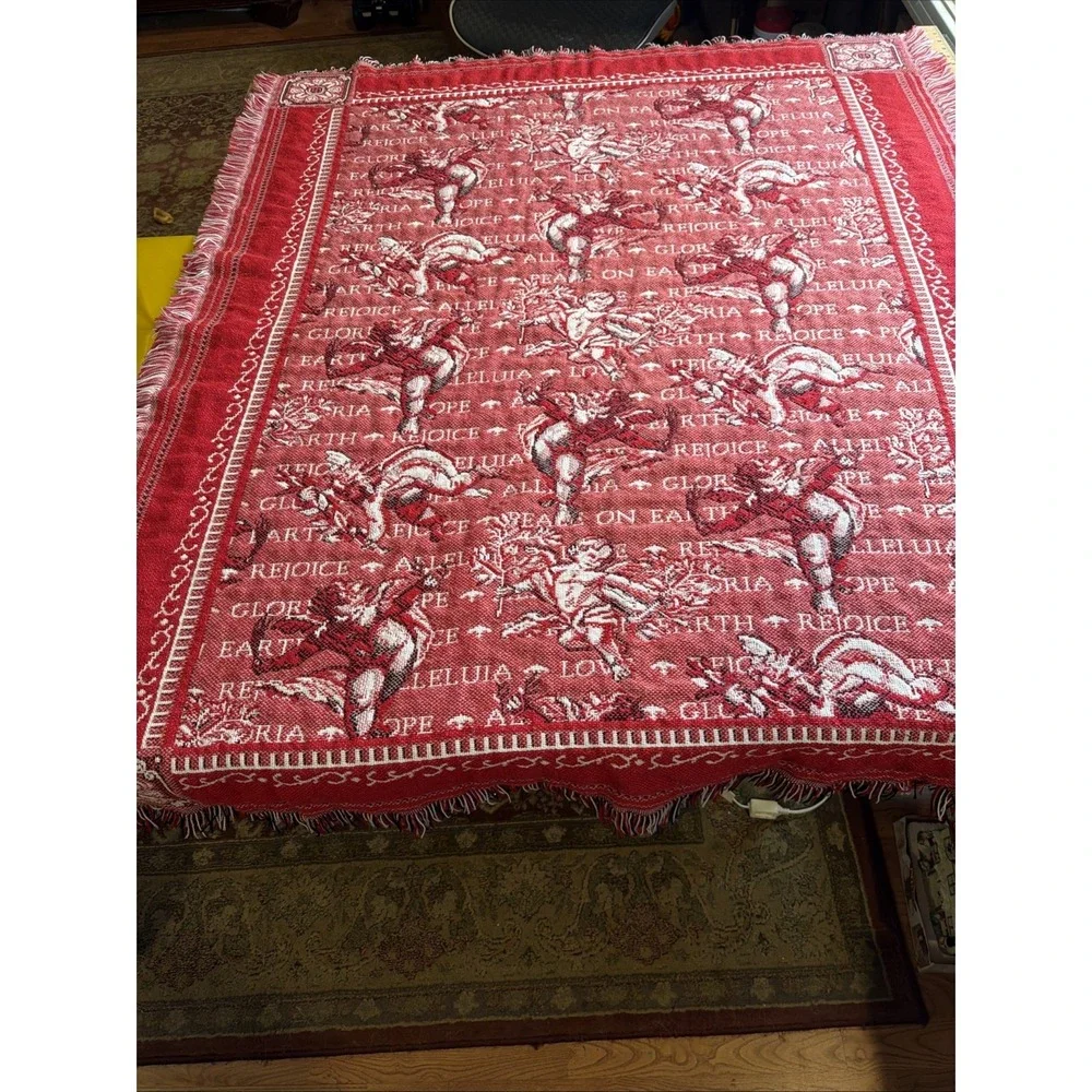 Vintage 90s Christmas Tapestry Blanket Red Angel Cherub Rejoice Peace on Earth